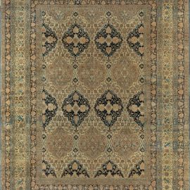Oversized Antique Kirman Persian Allover Floral Warm Tan Hand-Knotted Wool Rug – Circa 1880 (Size Adjusted) BB7647