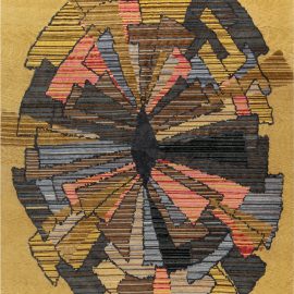 “Iridestra” Contemporary Abstract Striated Burst Charcoal Hand-Knotted Carpet N12289