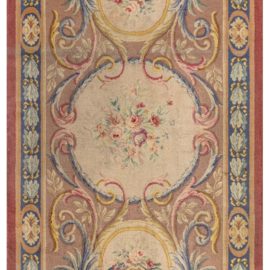 Antique Savonnerie French Floral Medallion Cream Beige Hand-Knotted Wool Rug – Circa 1900 BB7800