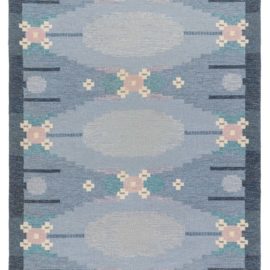 Scandinavian Mid-Century Geometric Cream Beige Flatweave Wool Rug Signed By Ingegerd Silow BB7791