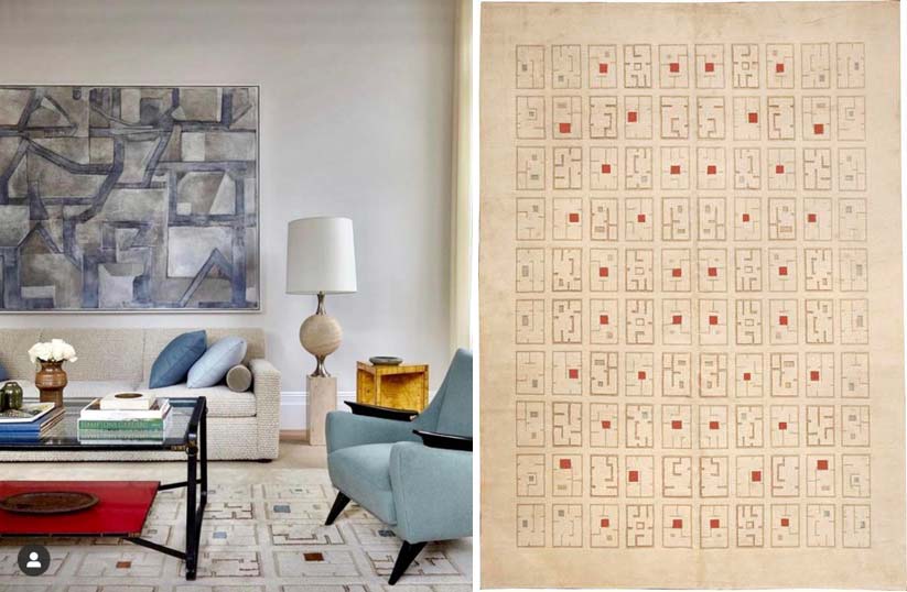 A reproduction of a vintage Paule Leleu rug, made by Doris Leslie Blau, next to the original rug, Doris Leslie Blau Collection. Interior design by Charlie Ferrer, photography by Joshua McHugh