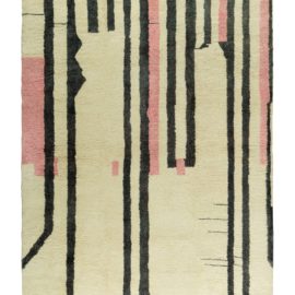 Contemporary Abstract Striped Cream Beige With Charcoal Hand-Knotted Wool Carpet “Onyx Rose” N12419