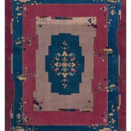 Vintage Chinese Art Deco Floral Cream Beige Hand-Knotted Wool Rug BB7873