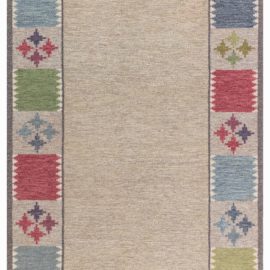 Vintage Swedish Geometric Light Beige Flatweave Wool Rug By Bitte Ahlgren Signed “BA” BB7829