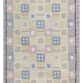 Swedish Vintage Geometric Soft Beige Flatweave Wool Rug BB7892