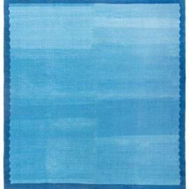 Mid-Century Indian Dhurrie Abstract Light Blue With Navy Blue Flatweave Cotton Rug BB7939