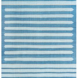 Mid-Century Indian Dhurrie Striped Blue And Light Blue Flatweave Cotton Rug BB7969