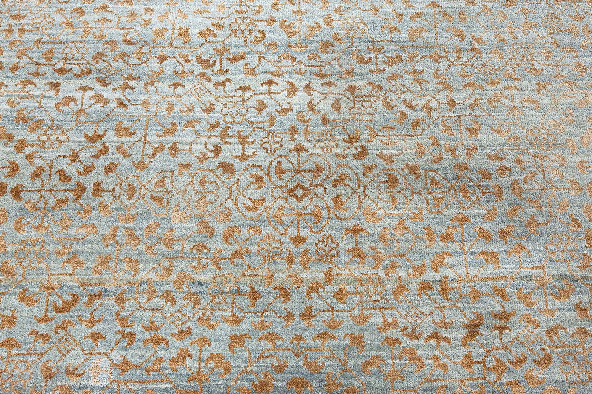 “Aurefrost” Modern Damask Warm Tan And Light Blue Handmade Wool & Silk Runner N12514 “Aurefrost” Modern Damask Warm Tan And Light Blue Handmade Wool & Silk Runner N12514