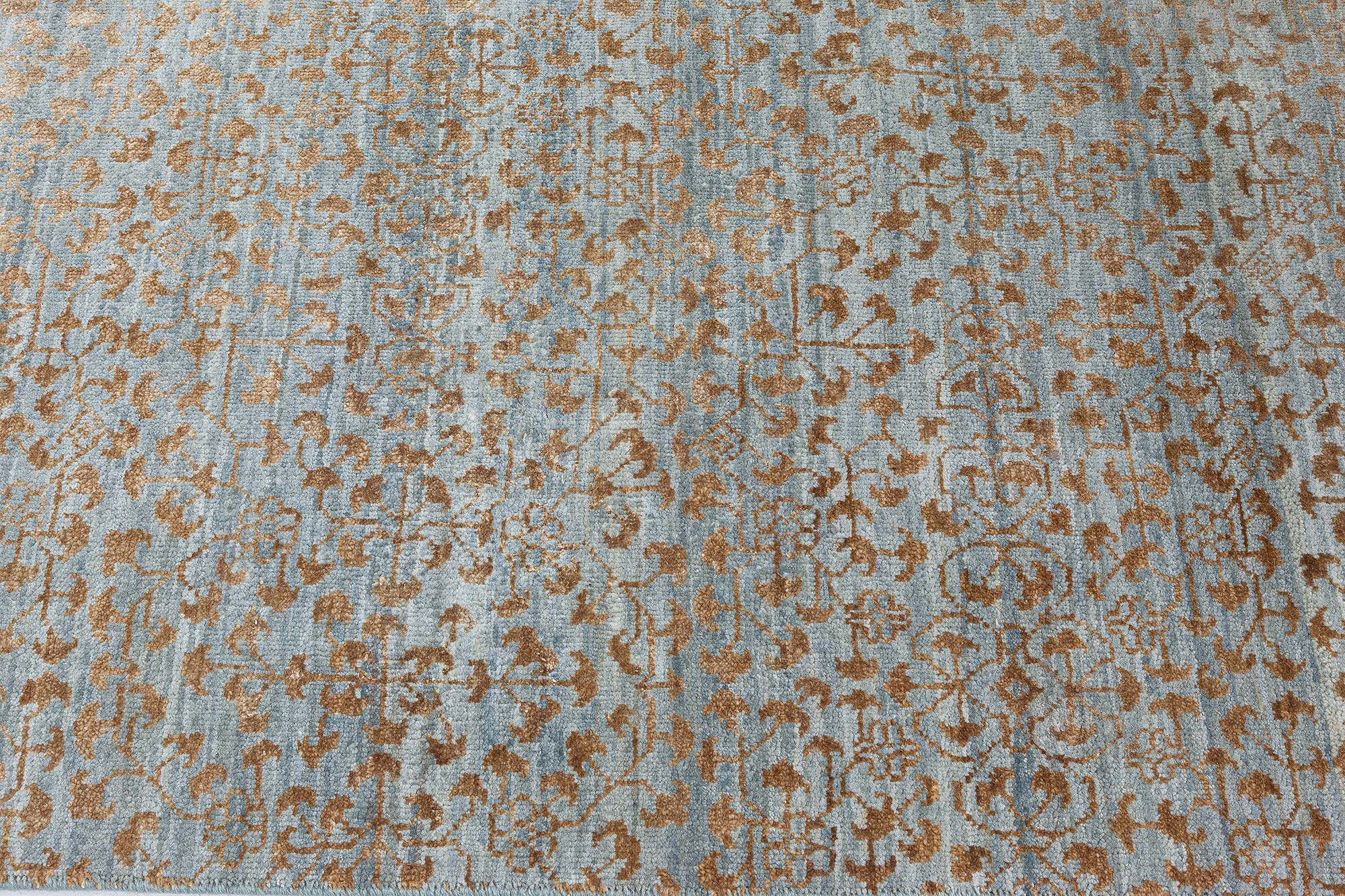 “Aurefrost” Modern Damask Warm Tan And Light Blue Handmade Wool & Silk Runner N12514 “Aurefrost” Modern Damask Warm Tan And Light Blue Handmade Wool & Silk Runner N12514