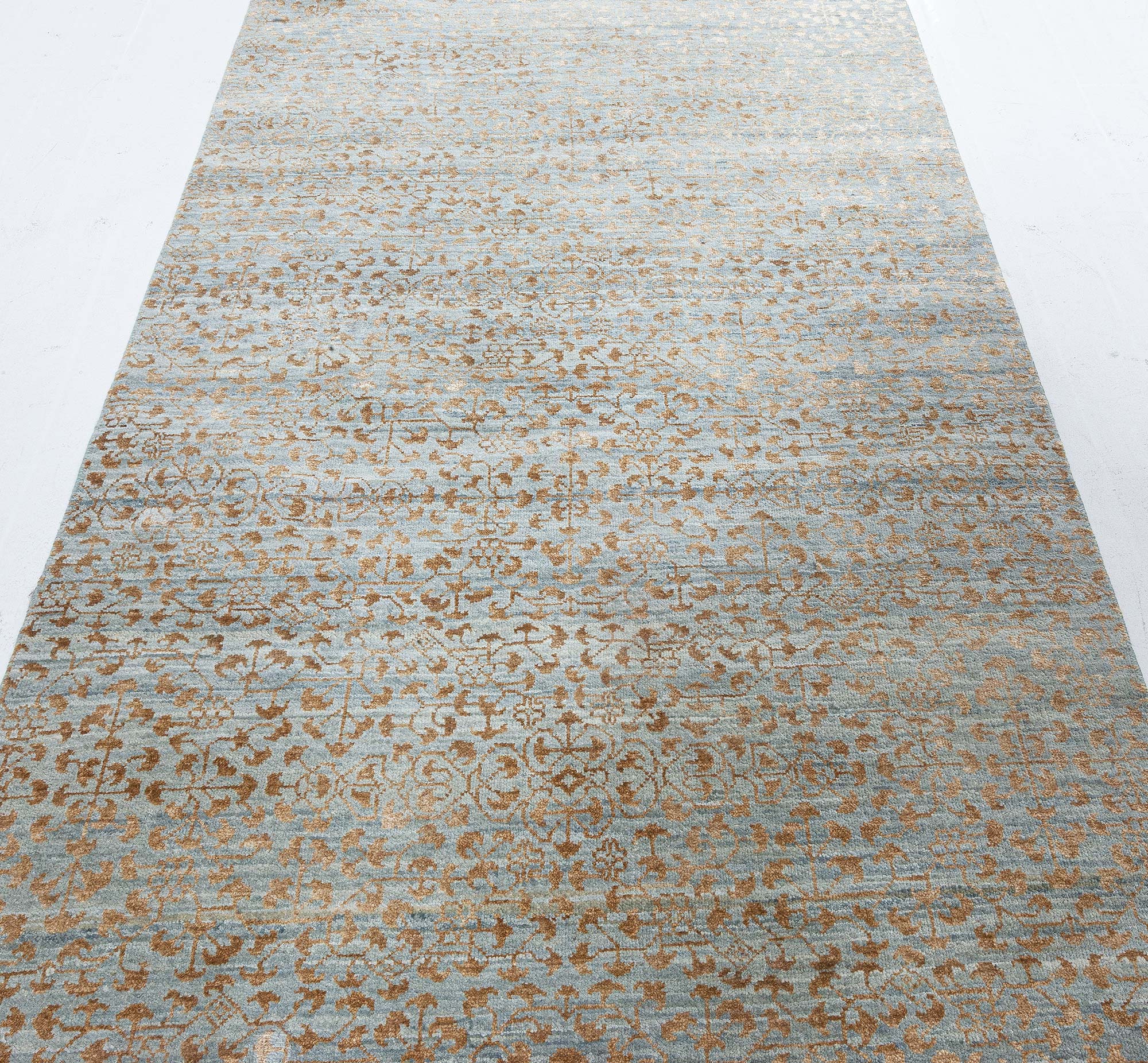 “Aurefrost” Modern Damask Warm Tan And Light Blue Handmade Wool & Silk Runner N12514 “Aurefrost” Modern Damask Warm Tan And Light Blue Handmade Wool & Silk Runner N12514