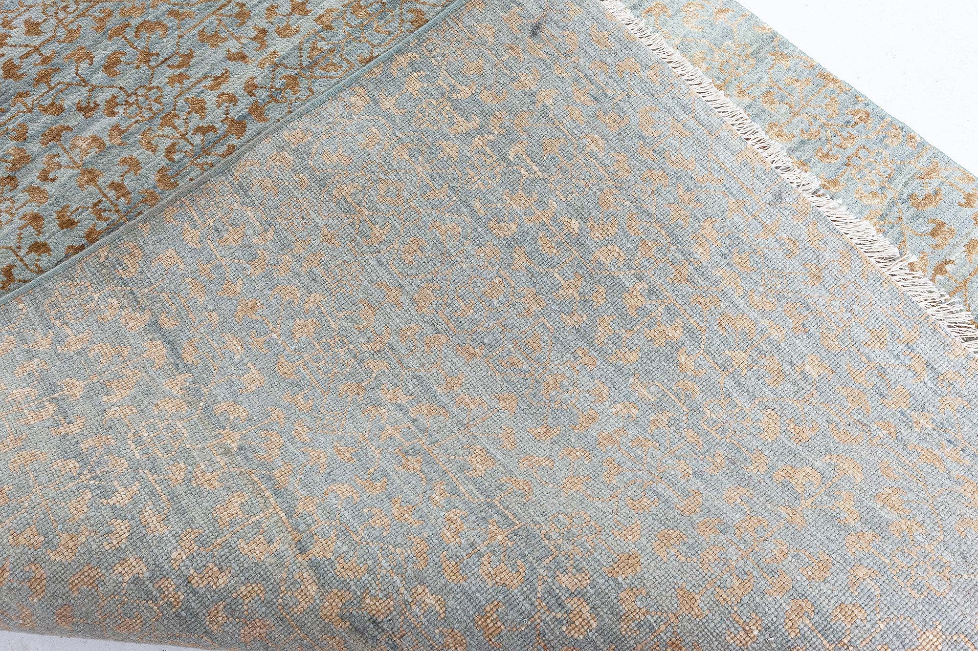 “Aurefrost” Modern Damask Warm Tan And Light Blue Handmade Wool & Silk Runner N12514 “Aurefrost” Modern Damask Warm Tan And Light Blue Handmade Wool & Silk Runner N12514