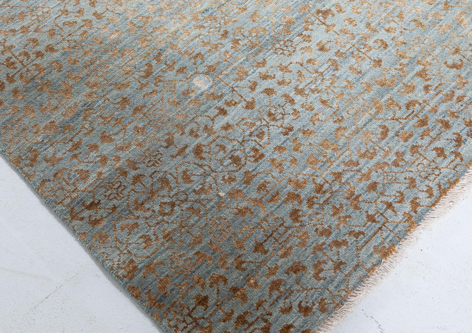 “Folia” Modern Damask Warm Tan And Light Blue Handmade Wool Silk Runner N12516 “Folia” Modern Damask Warm Tan And Light Blue Handmade Wool Silk Runner N12516