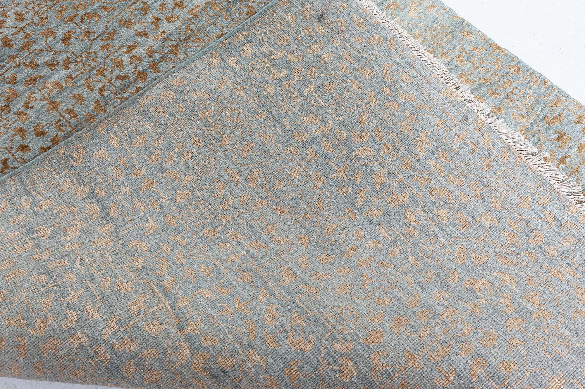 “Folia” Modern Damask Warm Tan And Light Blue Handmade Wool Silk Runner N12516 “Folia” Modern Damask Warm Tan And Light Blue Handmade Wool Silk Runner N12516