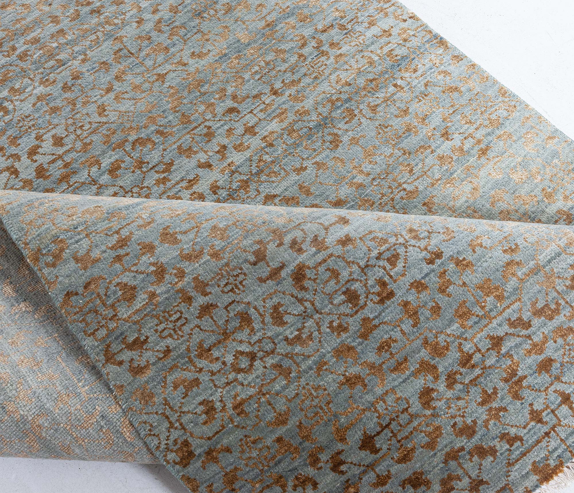 “Folia” Modern Damask Warm Tan And Light Blue Handmade Wool Silk Runner N12516 “Folia” Modern Damask Warm Tan And Light Blue Handmade Wool Silk Runner N12516