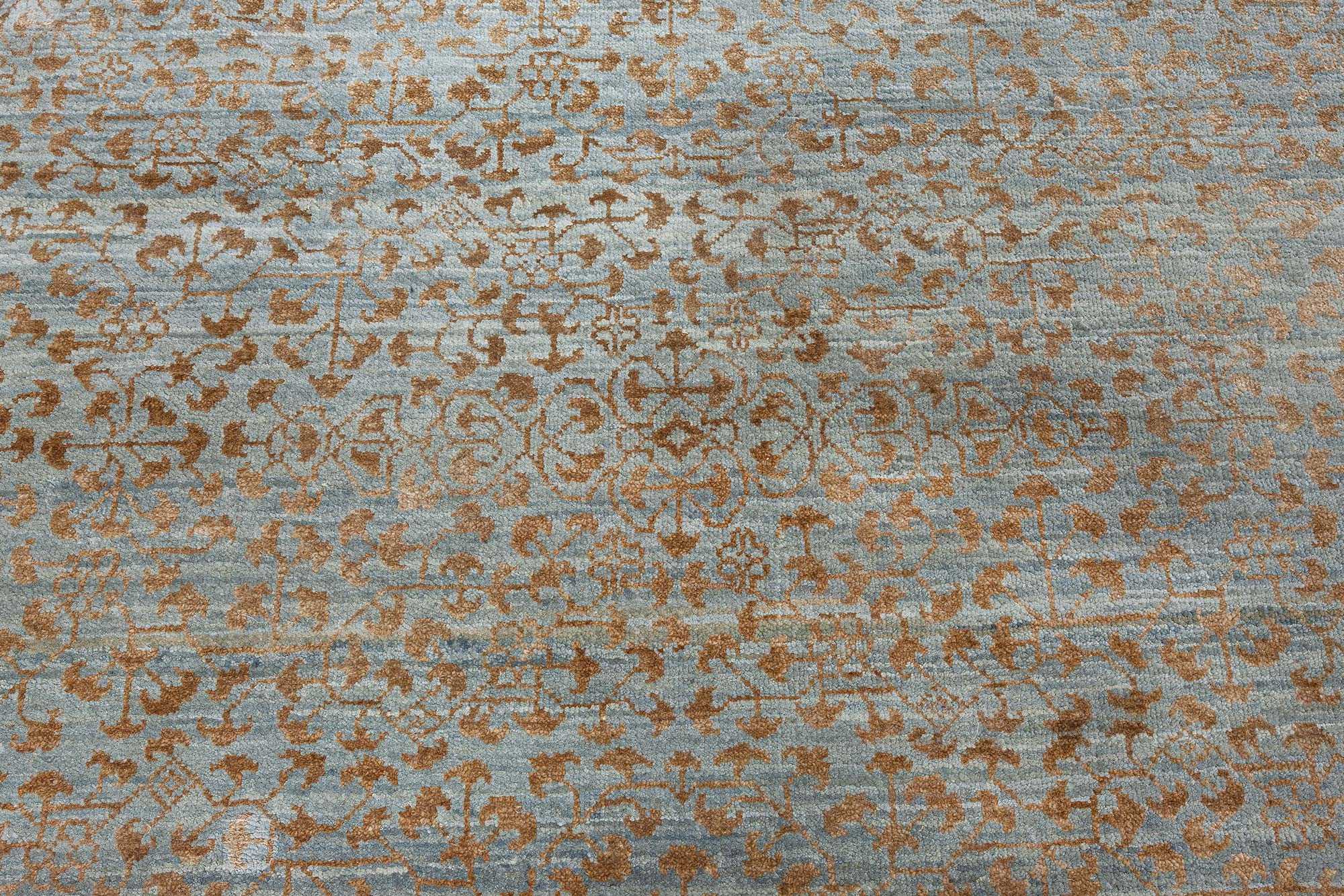 “Folia” Modern Damask Warm Tan And Light Blue Handmade Wool Silk Runner N12516 “Folia” Modern Damask Warm Tan And Light Blue Handmade Wool Silk Runner N12516