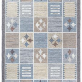 Mid-Century Scandinavian Geometric Light Beige Flatweave Wool Rug By Rakel Carlander (Squares) BB8074