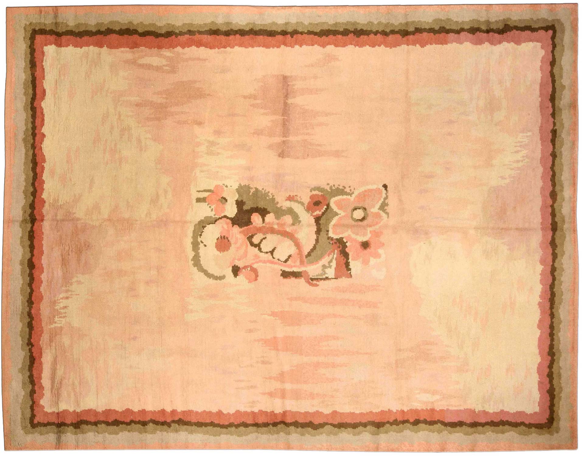 Vintage French Art Deco Pink Botanic Handmade Wool Rug, BB3779 10'0" × 12'7"