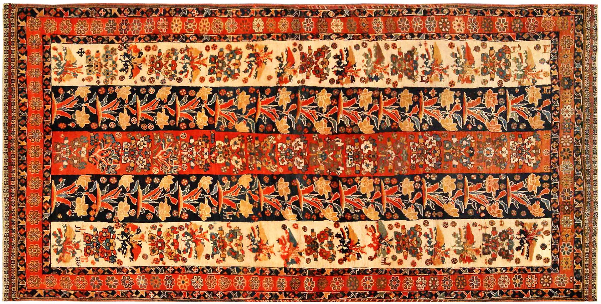Antique Persian Shiraz Red, Ivory, Black Handmade Wool Carpet, BB4177 4'3" × 8'1"