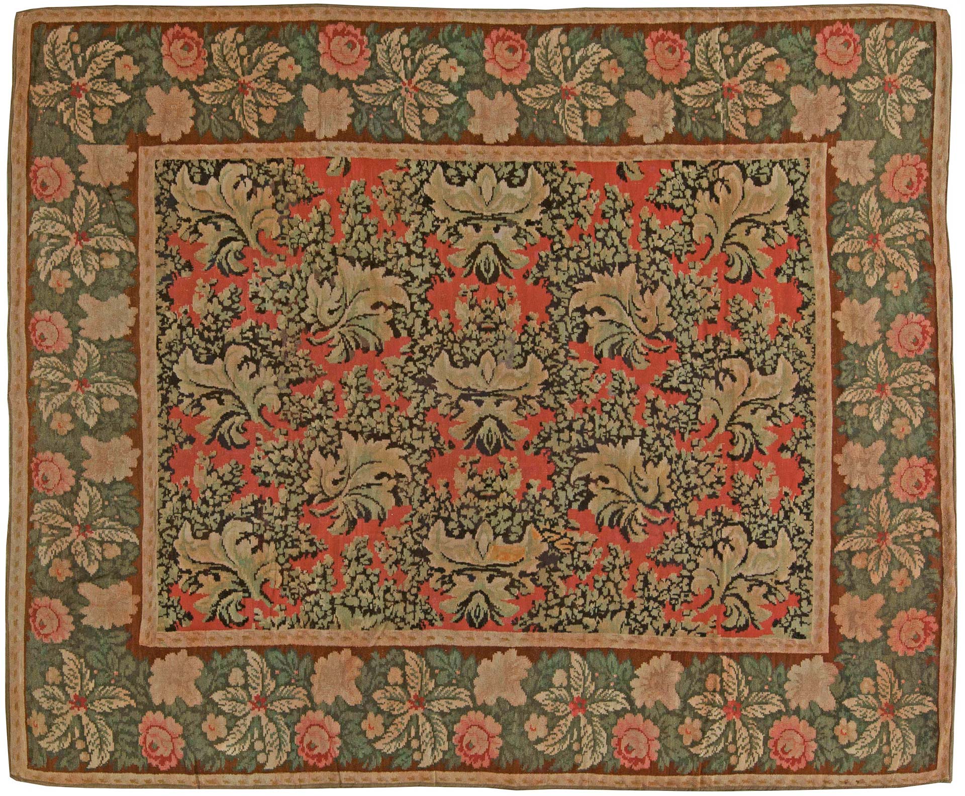 19th Century Bessarabian Brick Red, Green, Pale Moss and Pink Handmade Rug, BB6135 9'0" × 10'6"