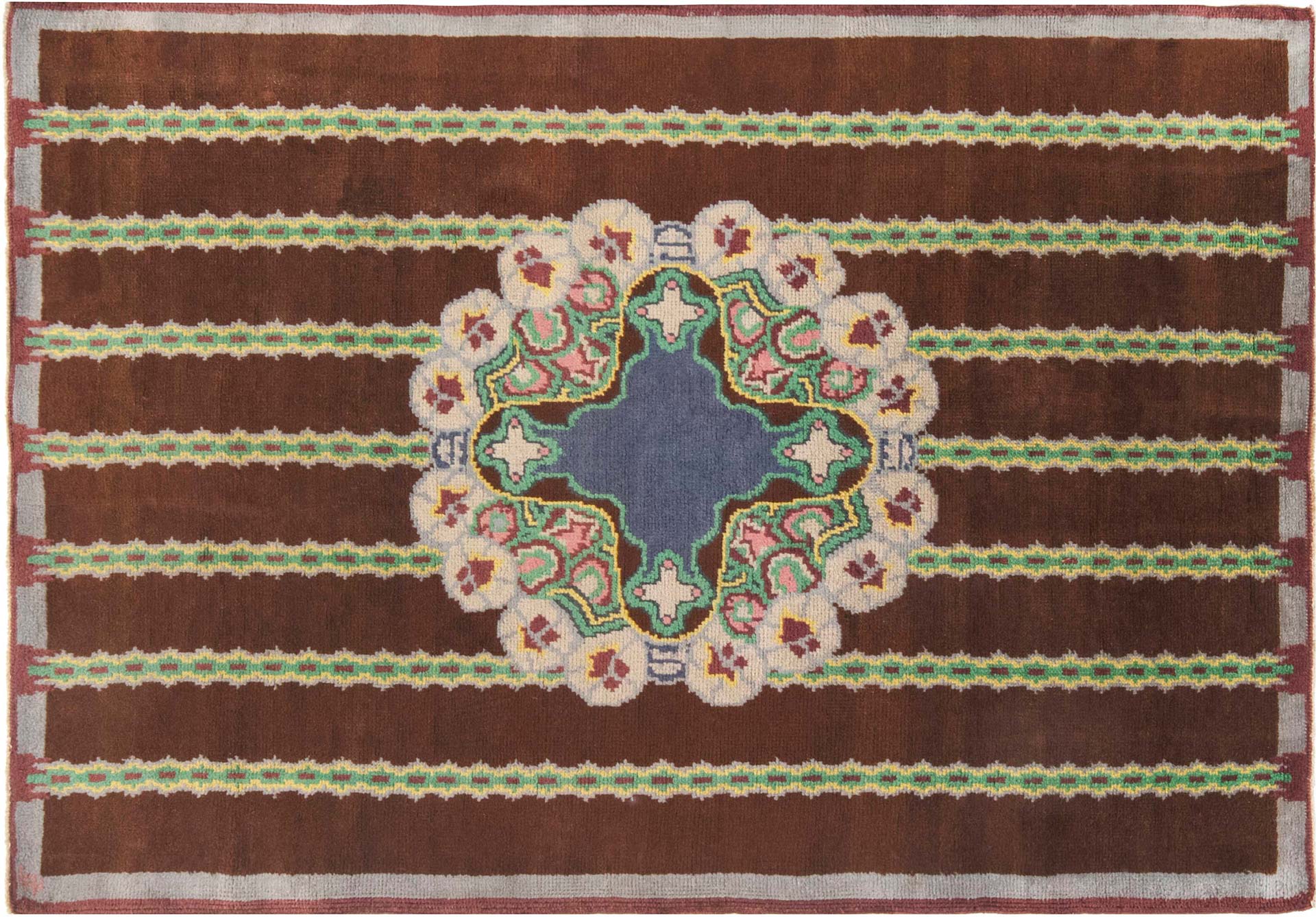 French Art Deco Brown, Green, Yellow, Blue, Lilac Handmade Wool Rug, BB6639 5'2" × 7'4"