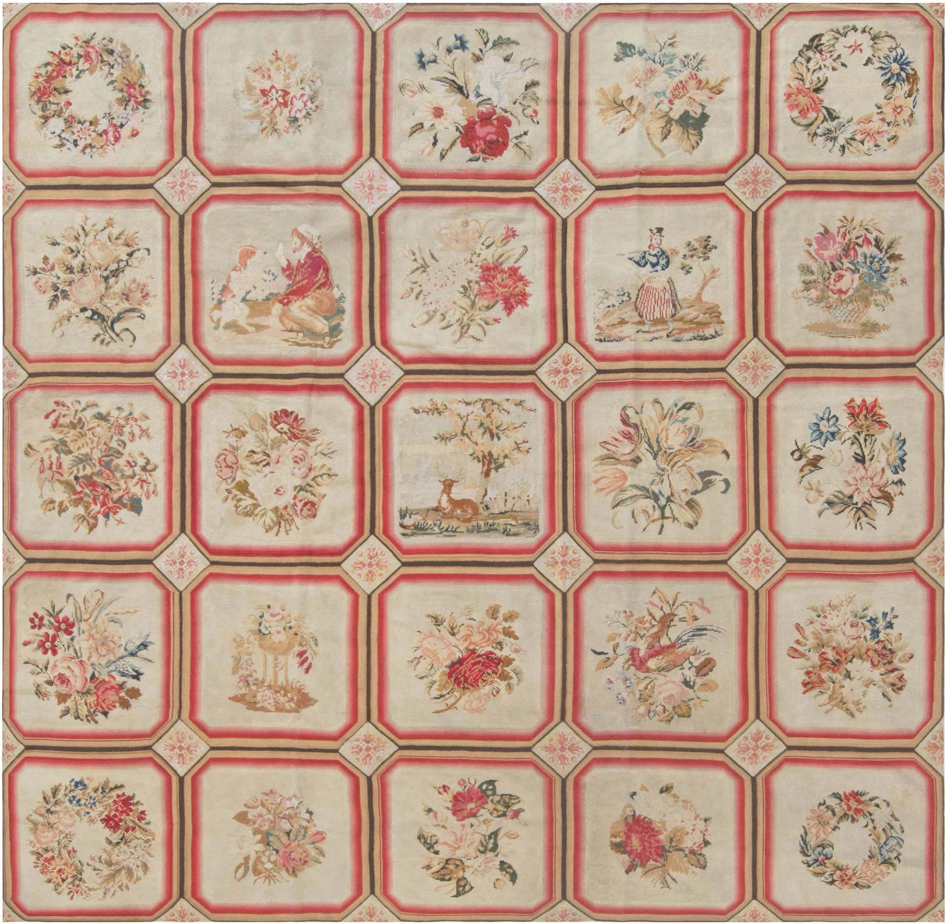1900s White, Beige, Light Brown, Green and Rose English Needlework,BB6918 7'0" × 7'0"