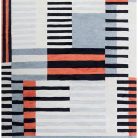 Modern Art Deco Geometric Off White Hand-Knotted Wool Rug “Embergrid” N12579