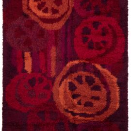 Mid-Century Scandinavian Floral Crimson Hand-Knotted Wool Rug Rya Pile Rug By Ritva Puotila BB8194