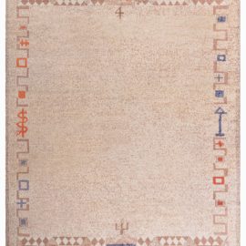 Swedish Vintage Geometric Light Beige Hand-Knotted Wool Rug Pile BB8223