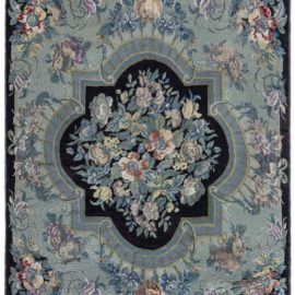 English Antique Floral Allover Slate Blue Needlework Wool Rug – Circa 1920 BB8243