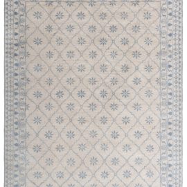 Contemporary Floral Eight-Point Star Ivory With Light Blue Handmade Wool Carpet “Flocon” N12613