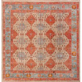 “Rosura” Modern Geometric Warm Tan Hand-Knotted Rug N12627
