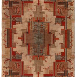 Vintage Art Nouveau Geometric Warm Tan Hand-Knotted Wool Rug Dutch BB8262