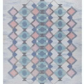 Vintage Scandinavian Geometric Slate Gray Flatweave Wool Rug By Judith Johansson BB8308
