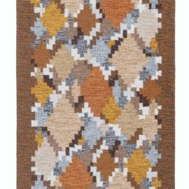 Elegant Mid-Century Swedish Geometric Runner In Warm Tan Flatweave Wool By Ingegerd Silow BB8321