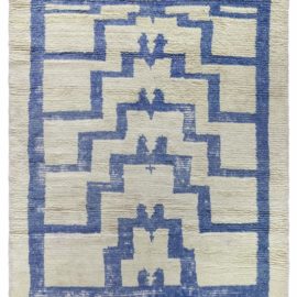 Vintage Turkish Geometric Cream With Blue Hand-Knotted Wool Rug Tulu BB8301