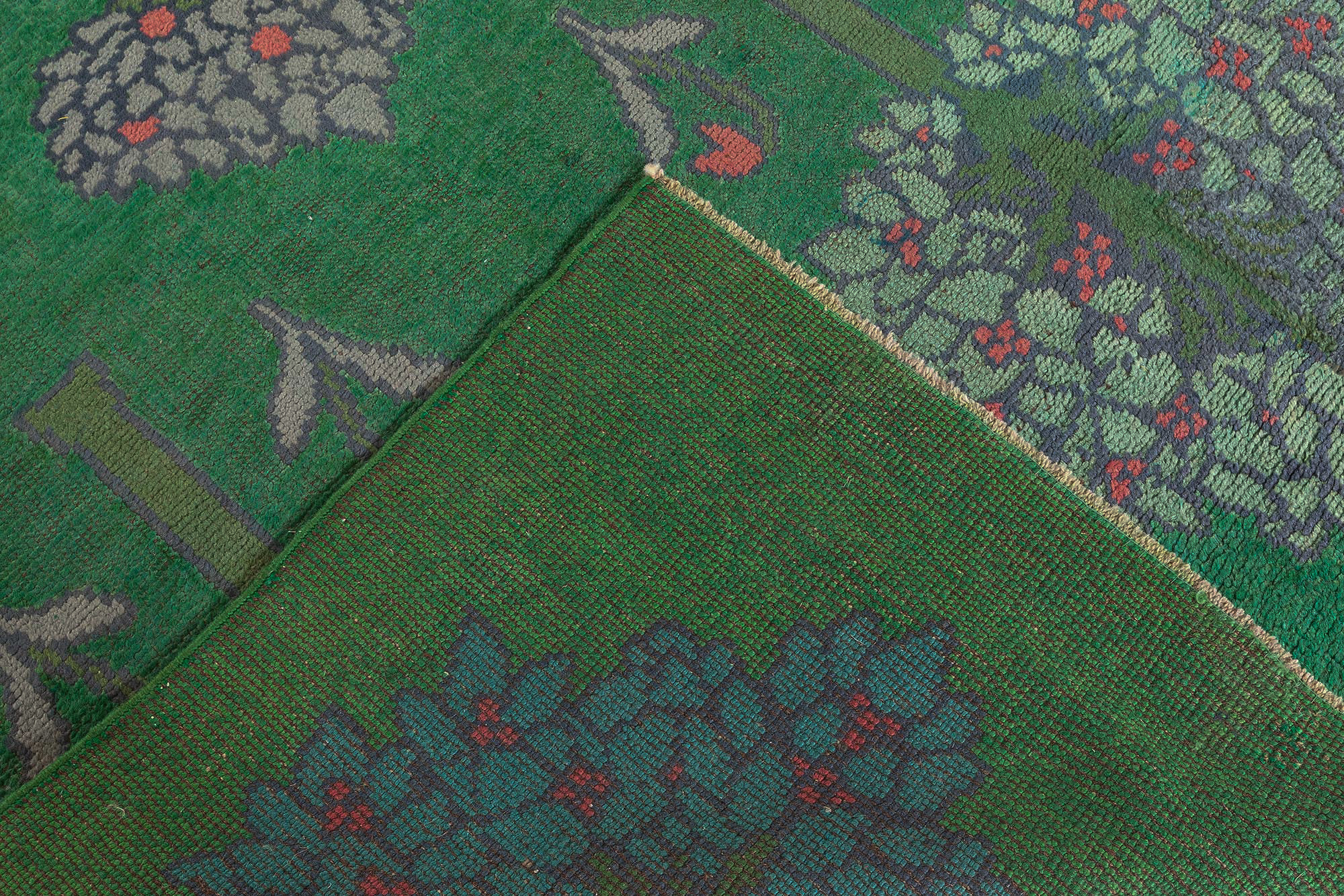 Vintage Irish Arts & Crafts Floral Forest Green Hand-Knotted Wool Runner By C.F.A. Voysey (Fragment) BB8401 Vintage Irish Arts & Crafts Floral Forest Green Hand-Knotted Wool Runner By C.F.A. Voysey (Fragment) BB8401