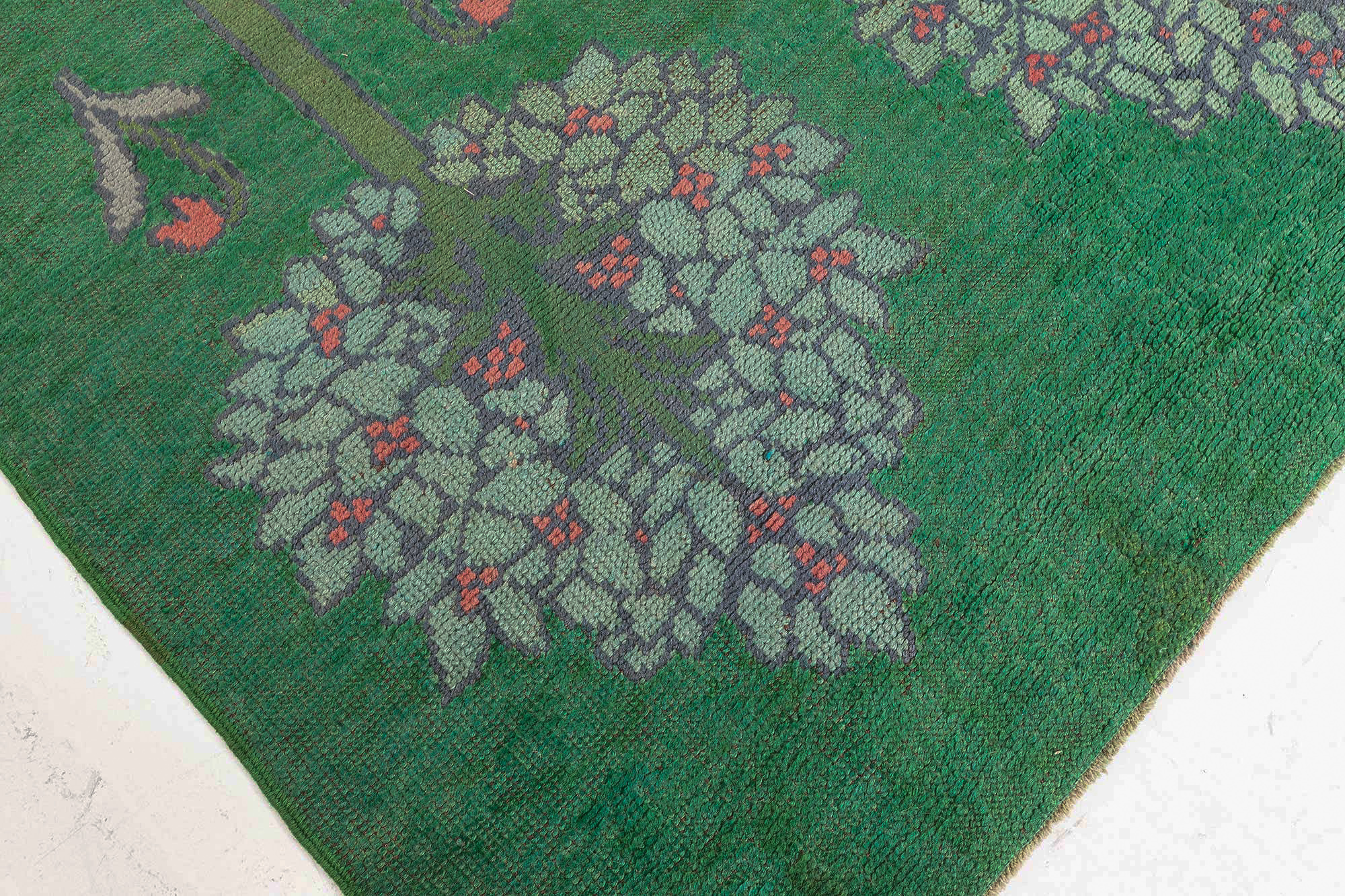 Vintage Irish Arts & Crafts Floral Forest Green Hand-Knotted Wool Runner By C.F.A. Voysey (Fragment) BB8401 Vintage Irish Arts & Crafts Floral Forest Green Hand-Knotted Wool Runner By C.F.A. Voysey (Fragment) BB8401