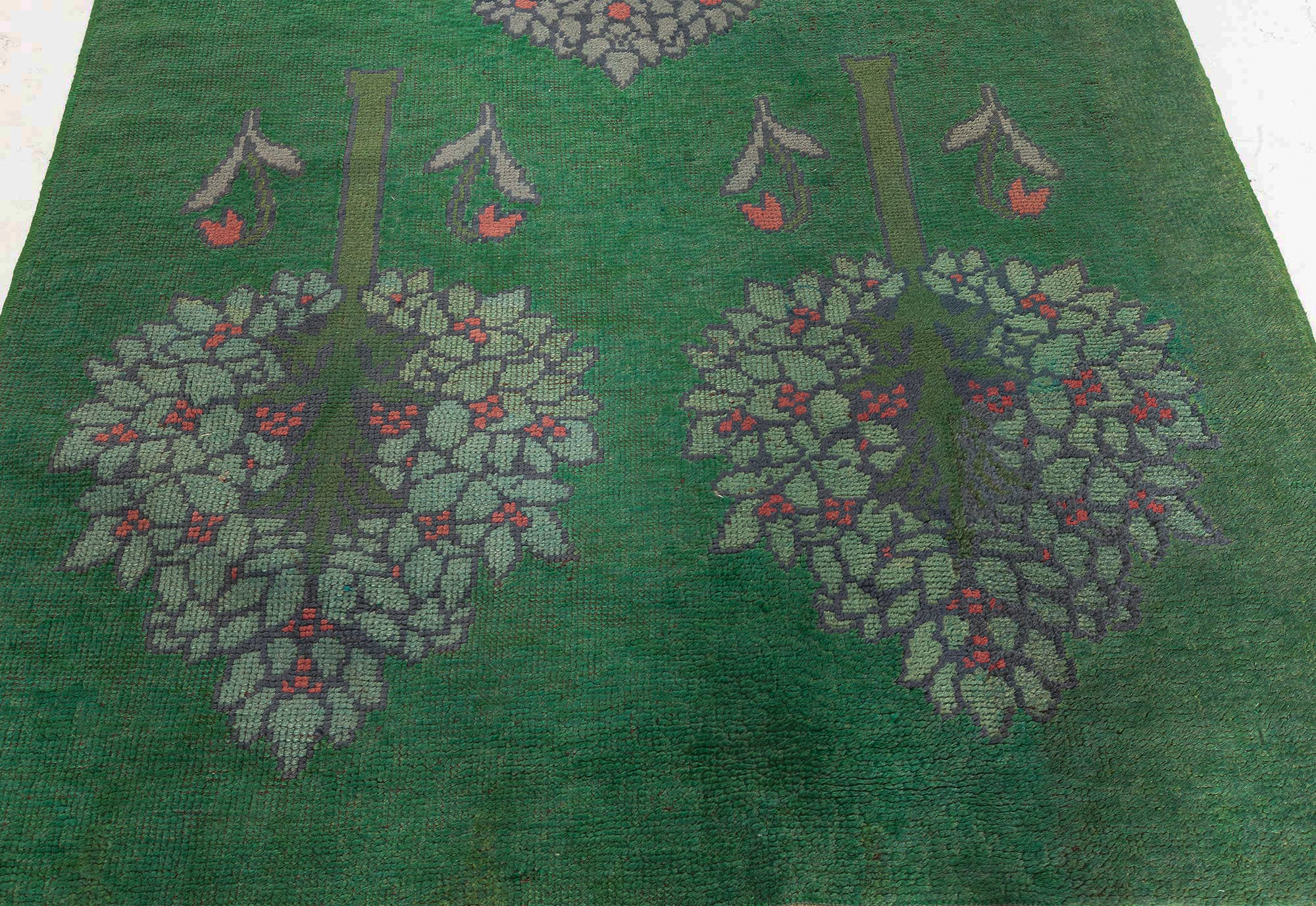 Vintage Irish Arts & Crafts Floral Forest Green Hand-Knotted Wool Runner By C.F.A. Voysey (Fragment) BB8401 Vintage Irish Arts & Crafts Floral Forest Green Hand-Knotted Wool Runner By C.F.A. Voysey (Fragment) BB8401
