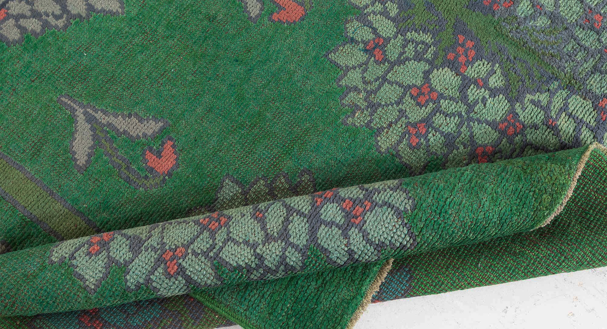 Vintage Irish Arts & Crafts Floral Forest Green Hand-Knotted Wool Runner By C.F.A. Voysey (Fragment) BB8401 Vintage Irish Arts & Crafts Floral Forest Green Hand-Knotted Wool Runner By C.F.A. Voysey (Fragment) BB8401