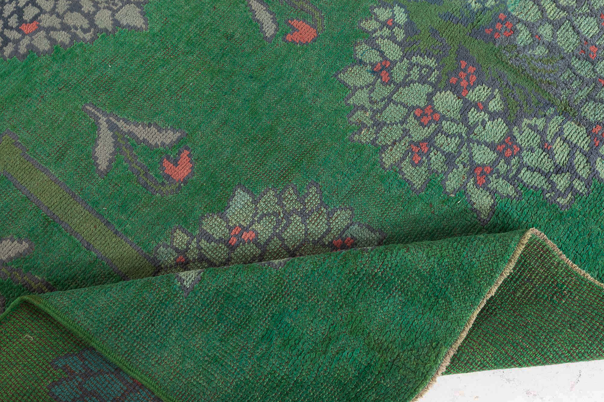 Vintage Irish Arts & Crafts Floral Forest Green Hand-Knotted Wool Runner By C.F.A. Voysey (Fragment) BB8401 Vintage Irish Arts & Crafts Floral Forest Green Hand-Knotted Wool Runner By C.F.A. Voysey (Fragment) BB8401