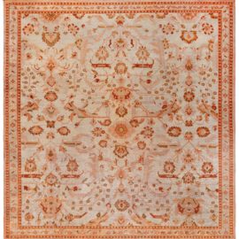 Exquisite Antique Oushak Turkish Allover Floral Light Beige Hand-Knotted Wool Rug – Circa 1920 BB8396