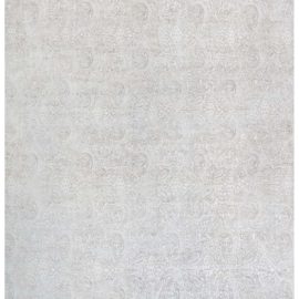 Contemporary Damask Tonal Arabesque Light Gray With Taupe Hand-Knotted Silk Carpet “Hush” N12657