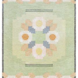 Vintage Scandinavian Floral Sage Flatweave Wool Rug By Ingegerd Silow BB8383