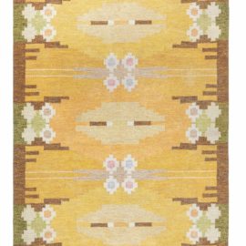 Vintage Scandinavian Geometric Warm Tan Flatweave Wool Rug By Ingegerd Silow BB8374