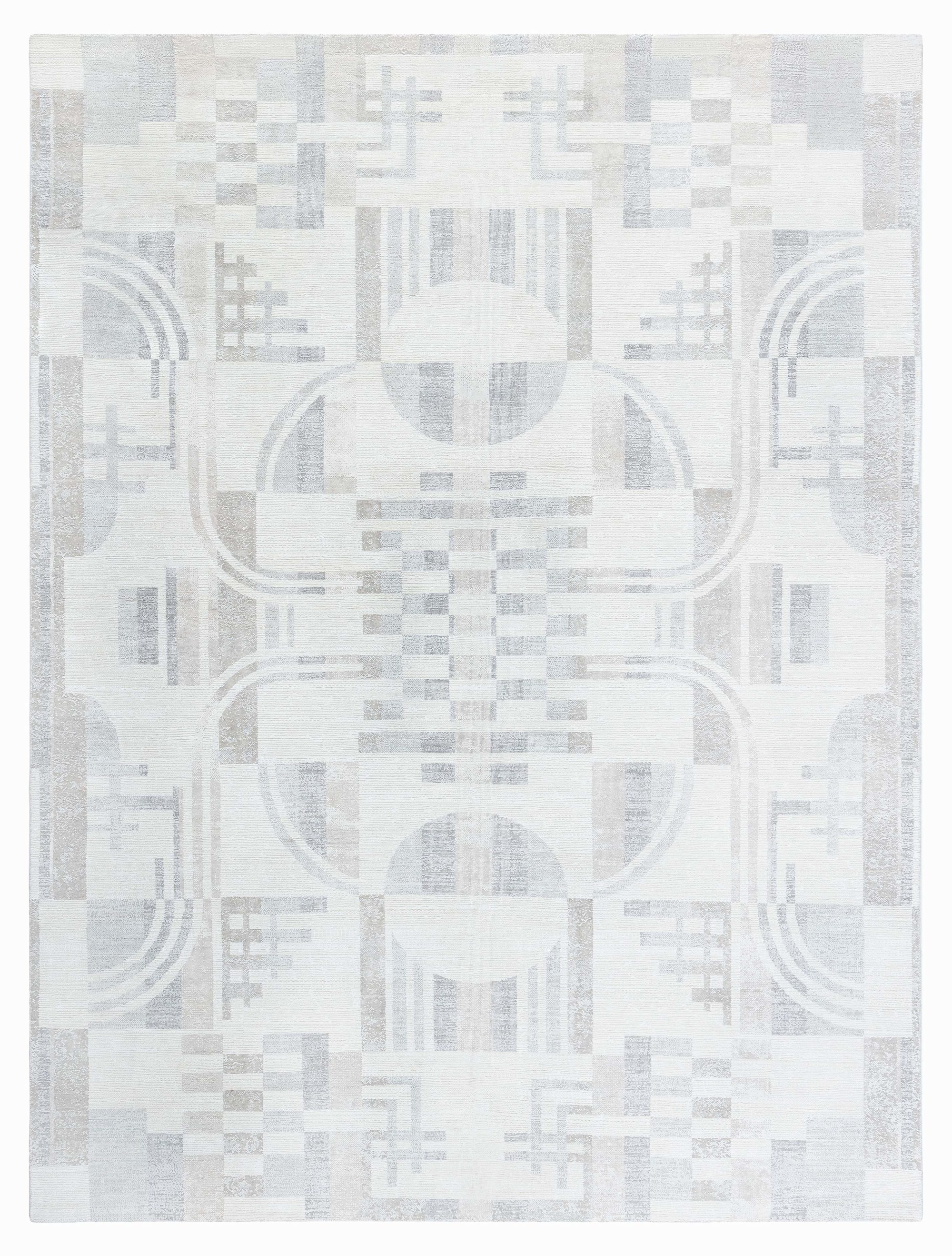 Art Deco Contemporary Geometric Silver Pearl Handmade Wool & Silk ...