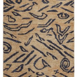 “Rune” Modern Abstract Tiger Motif Warm Tan With Navy Blue Handmade Wool Rug N12694