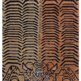 Modern Animal Chevron Stripes Warm Tan Hand-Knotted Wool Rug “Tigrinus” N12687