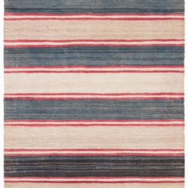 Turkish Vintage Striped Cream Beige Hand-Knotted Wool Rug BB8535