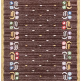 Vintage Swedish Floral Brown Flatweave Wool Rug By Solveig Westerberg Signed “Sw” BB8533