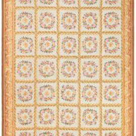 Contemporary Aubusson Floral Cream Hand-Knotted Wool Rug “Rosalia” N12788